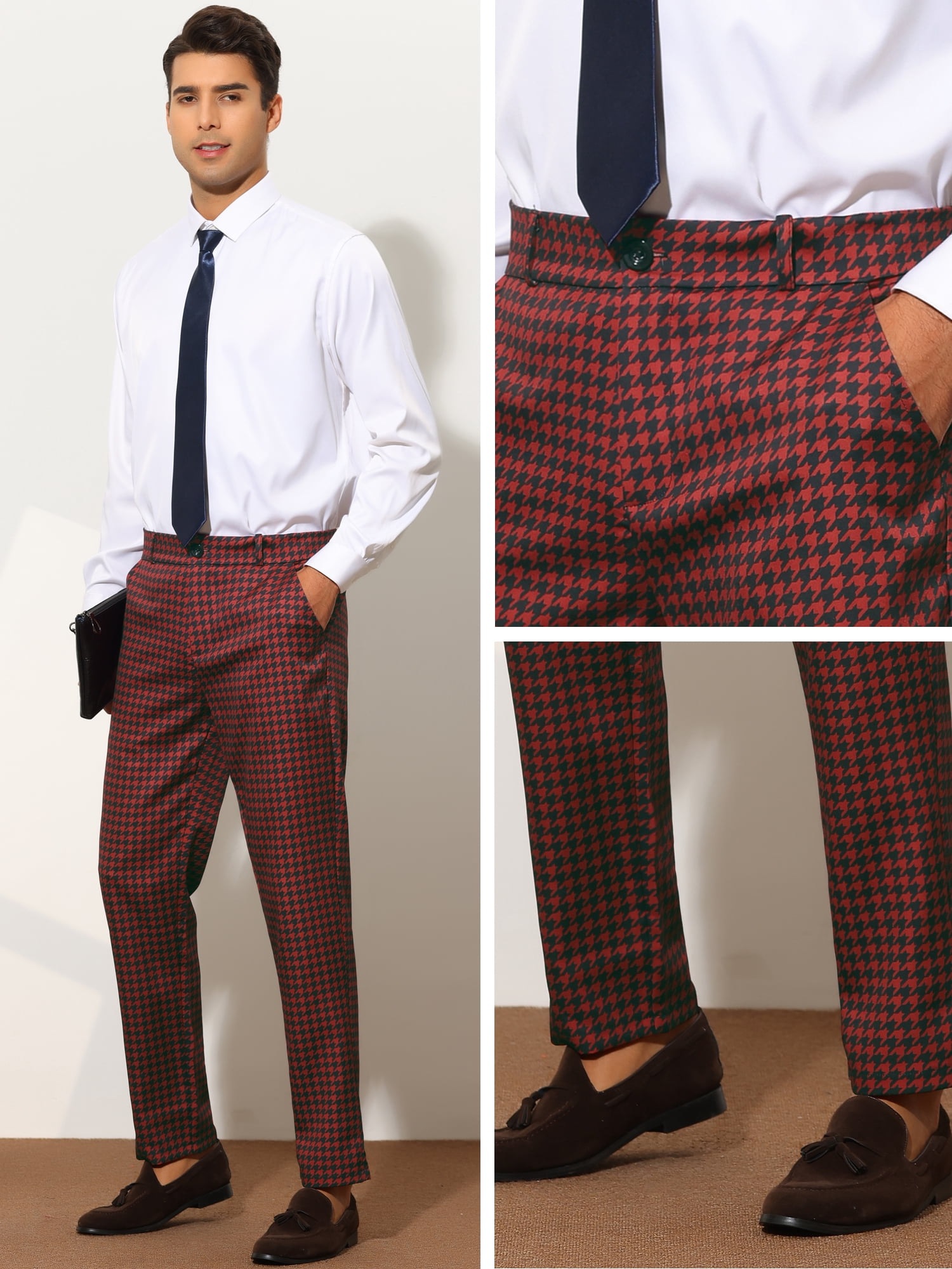 Unique Bargains Men's Houndstooth Pattern Pants Slim Fit Business Plaid Dress Trousers 32 Red Black