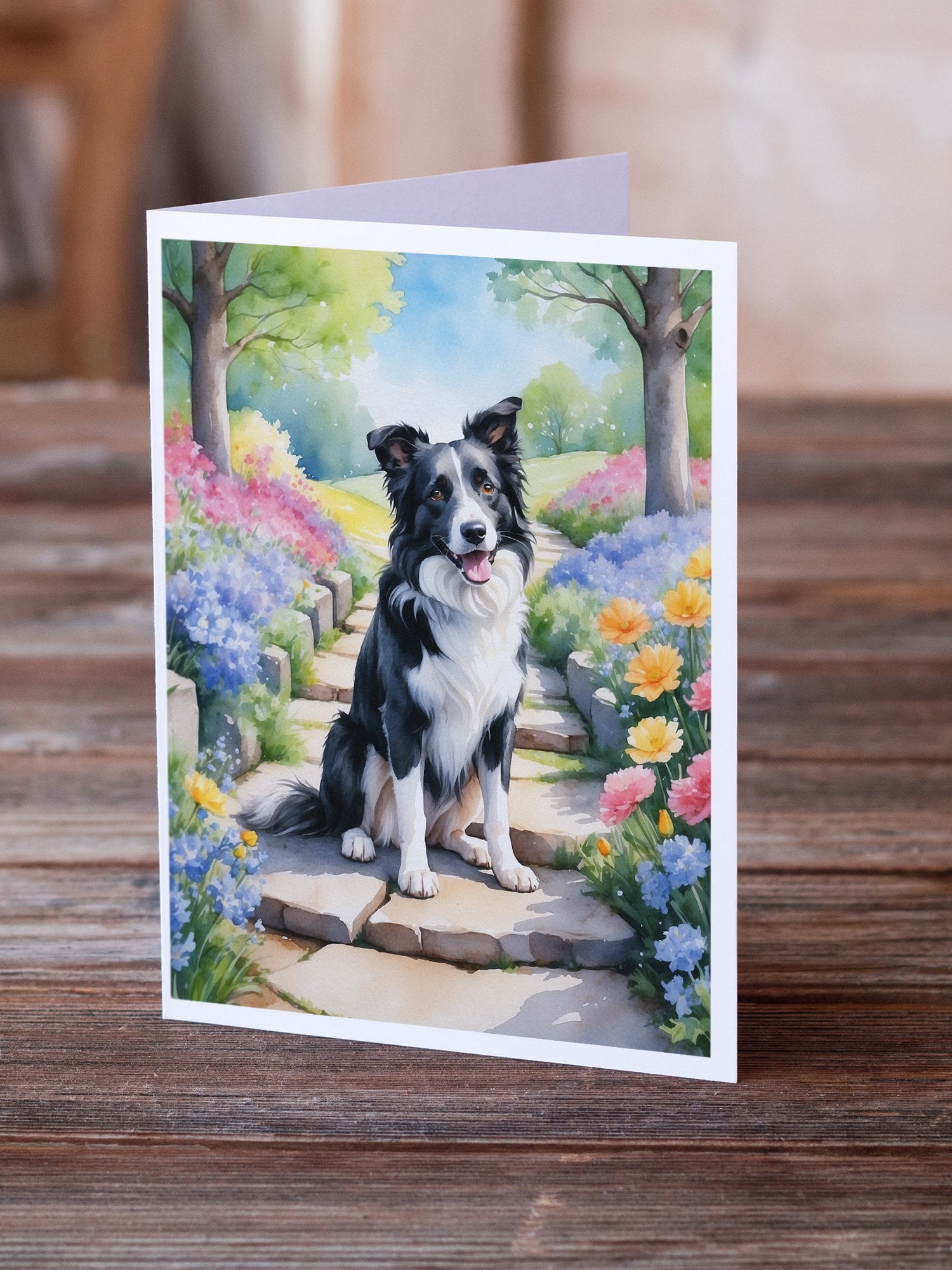 Border Collie Spring Path Greeting Cards Pack of 8 7 in x 5 in