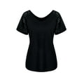 thumbnail image 4 of ORQ V-Neck Stitching Tulle Short Sleeve Casual T-Shirt Women Top, 4 of 8