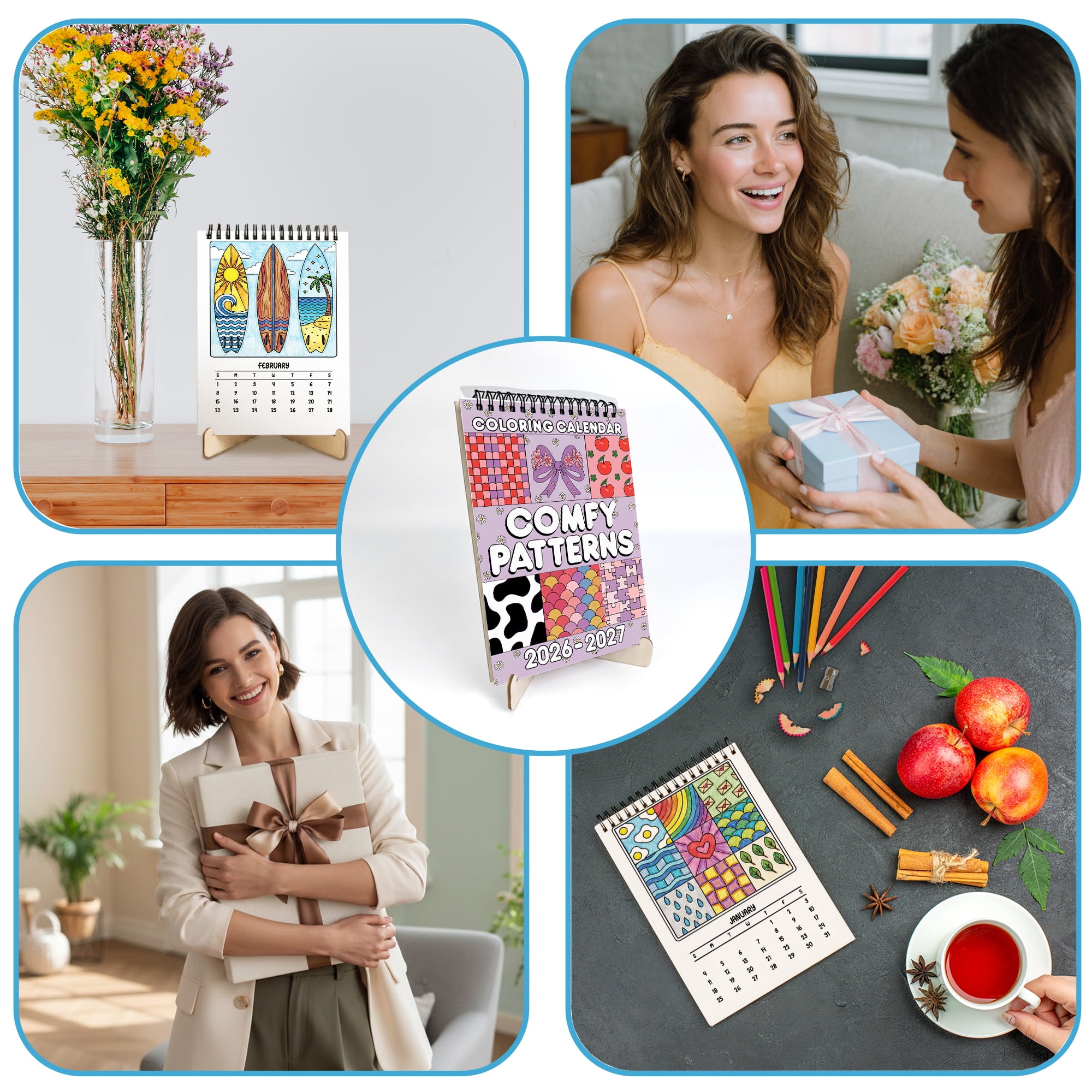 Comfy Patterns Coloring Desk Calendar 2026–2027, A5 Wooden Cover Planner with 26 Easy Coloring Pages for Adult Relaxation, 24 Month Desktop Calendar with Stand, Gift for Family & Friends