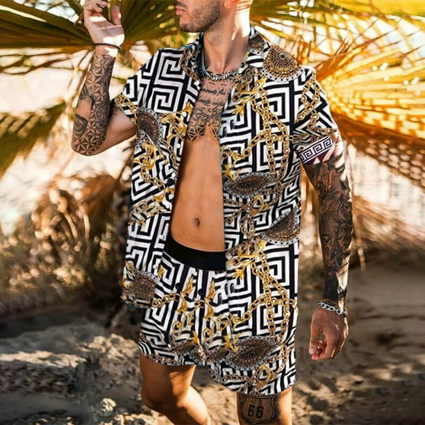 Conjuntos de hombre 2022 camisa informal de manga corta con solapa de retales estampada pantalones cortos de playa ropa de calle de verano trajes hawaianos para vacaciones S 3XL para hombre Tan Jianju...