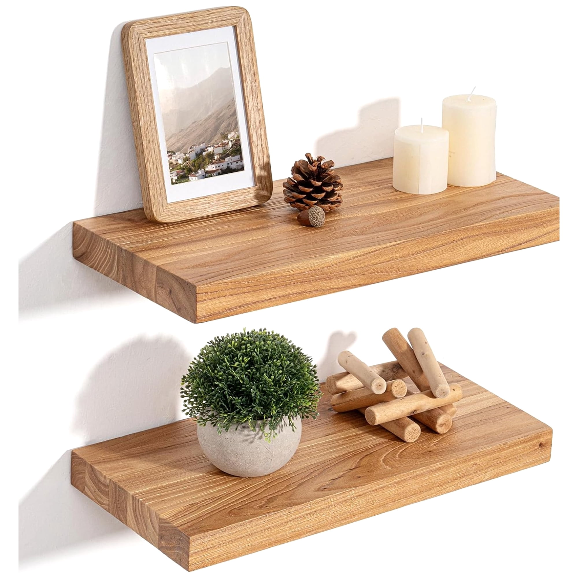 Floating Shelves for Wall Decor Rustic Solid Elm Wood 8 Inch Deep Wall Mounted Shelf Heavy Duty Hidden Bracket