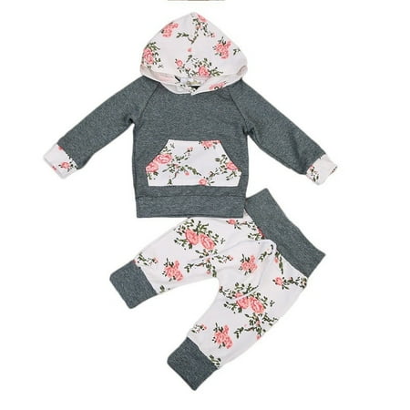 

Cotton Newborn Infant Baby Girls Boys Floral Hooded Tops+ Long Pants Outfits 2PCS Set Clothes 0-24M