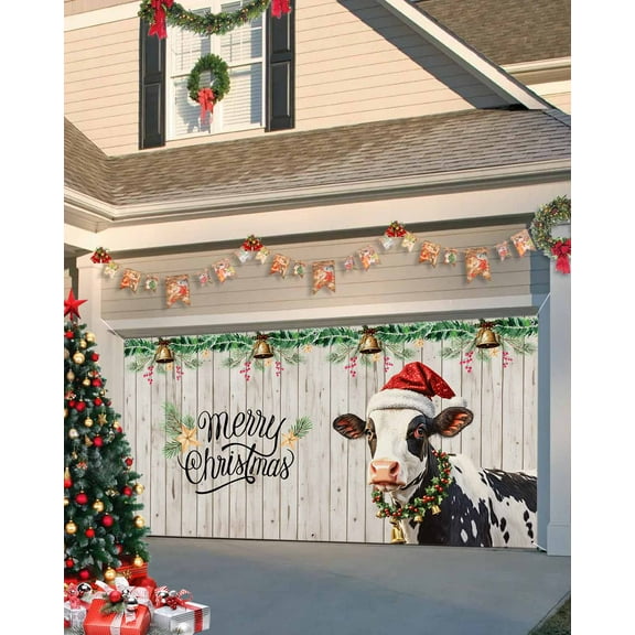 Garage Door Banner Cover 7 x 8 ft, Merry Christmas Funny Xmas Hat Cow Wooden Texture Christmas Garage Door Decorations Holiday Christmas Backdrop Decor for Winter New Year Xmas Party