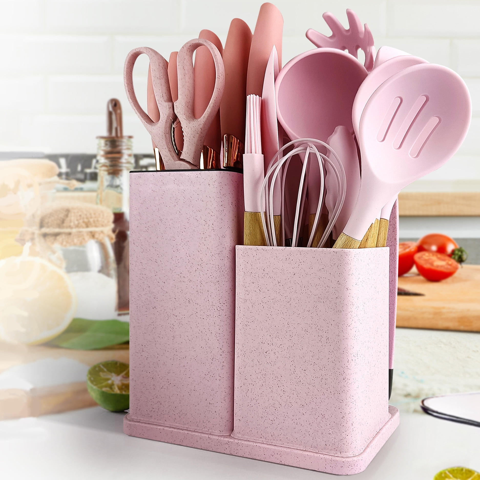  19-piece Premium Chef Set of Silicon and Wood Kitchen Utensil ( PINK) - pink kitchen accessories- Pink Knives Knife Block Knives Holder Pink  Scissors Cutting Board silicone pink cooking utensils set: Home