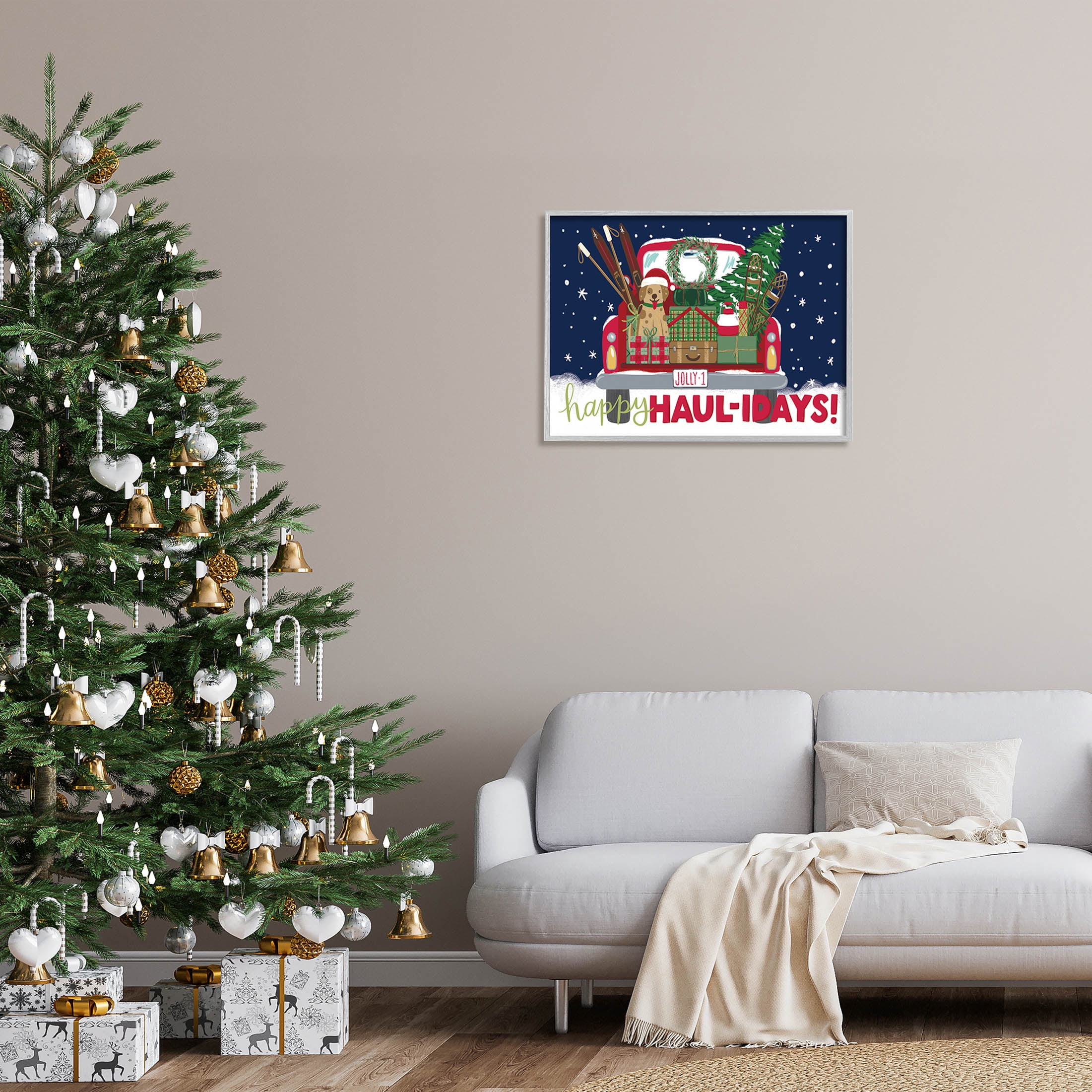 Stupell Industries Happy Haul-idays Christmas Gift Truck Graphic Art Gray Framed Art Print Wall Art, Design by Amanda McGee