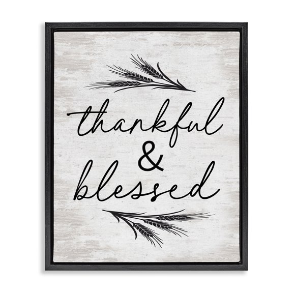 Stupell Industries Rustic Lodge Thankful & Blessed Rustic Wheat Sprig Motif Black Floating Frame Canvas Art, 17 x 21, by Lettered and Lined