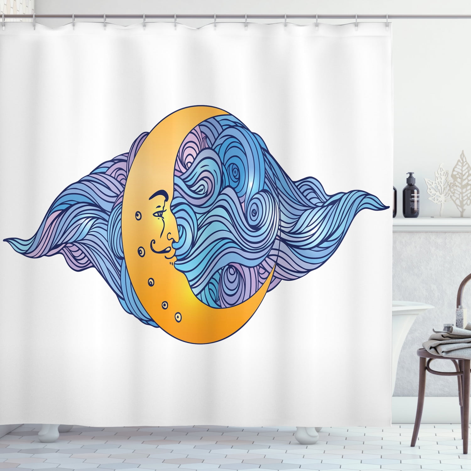 Moon Shower Curtain, Abstract Crescent Moon with Swirling Cloud