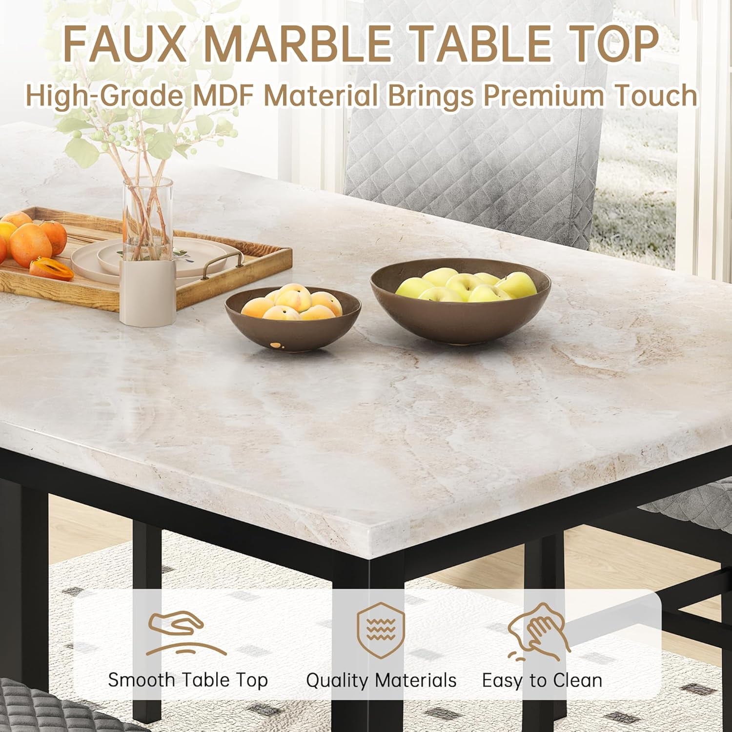 Dining table set for 4, marble kitchen table set with 4 diamond-shaped velvet dining chairs for small spaces, apartments, breakfast corners, kitchens and dining rooms (white/gray)