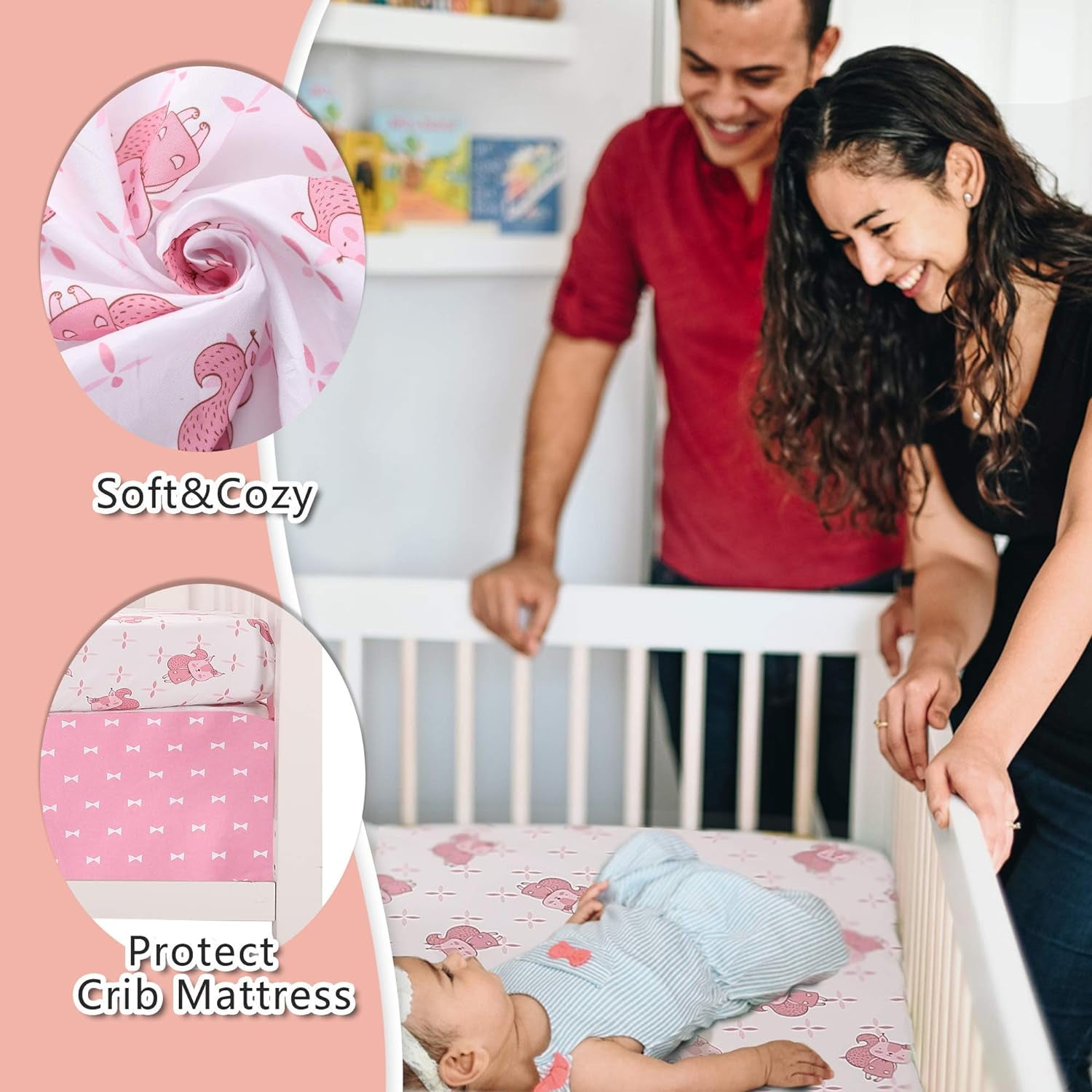 Sweet Baba Pink & White Crib Bedding Sets for Girls 3 Pcs, Squirrel Baby Crib Bedding Set Including Crib Quilt/Crib Skirt/Crib Sheet