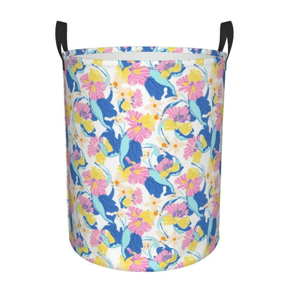 LNWH Laundry Basket, Colorful Flowers Pattern Foldable Laundry Hamper With Handles Waterproof, Medium