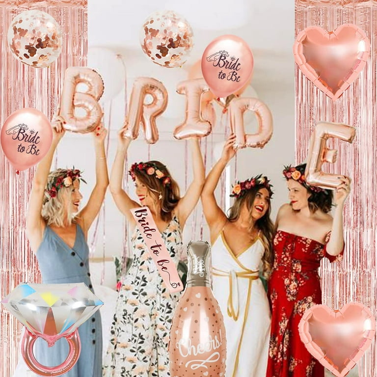 Bride to Be Bachelorette Party Decorations, Rose Gold Bride To Be Balloons  Sash, Hen Night Photo Booth Props and Fringe Curtain Kit for Bridal Shower