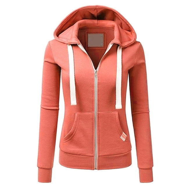 sudadera informal de manga larga suelta sólida a la moda para mujer pompotops gfhjh6012 Sudadera con capucha naranja de corte suelto, vista frontal centrada con cierre zipper plateado, cordones blancos planos, bolsillos tipo canguro y puños acanalados; tejido de poliéster liso, largo a la cintura, para uso diario en primavera/otoño/invierno; ideal como capa casual para salidas cotidianas.