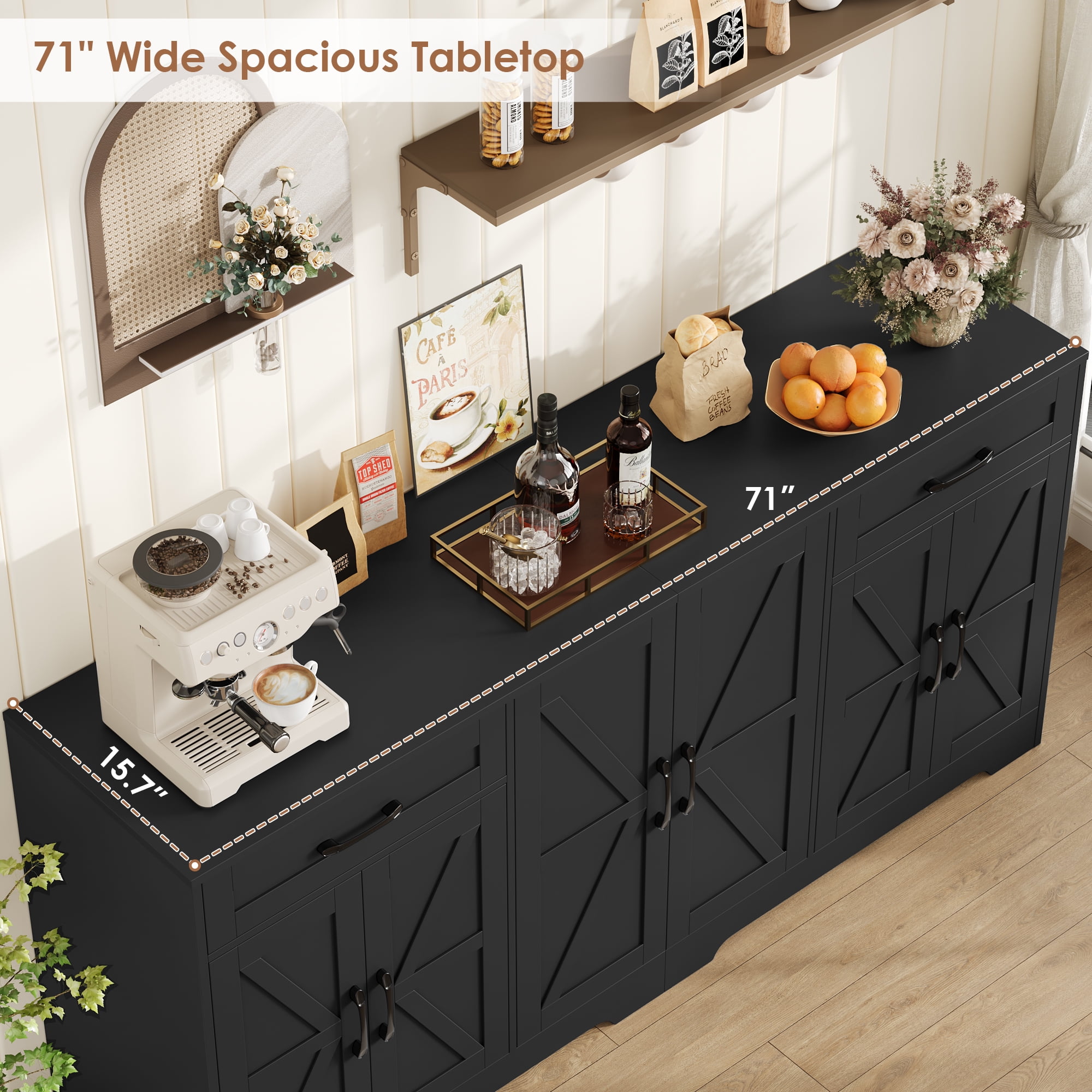 Homfa 6-Doors Farmhouse Sideboard with 2-Drawers, 70.8" W Buffet Cabinet with Adjustable Shelves for Kitchen Dining Room, Black