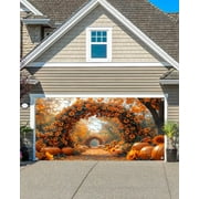 16X7FT Fall Garage Door Decoration Autumn Forest Scenery Maple Leaves Pumpkins Sunflowers Arched Flower Door Garage Door Banner Fall Farm Harvest Thanksgiving Day Party Photo Studio Props