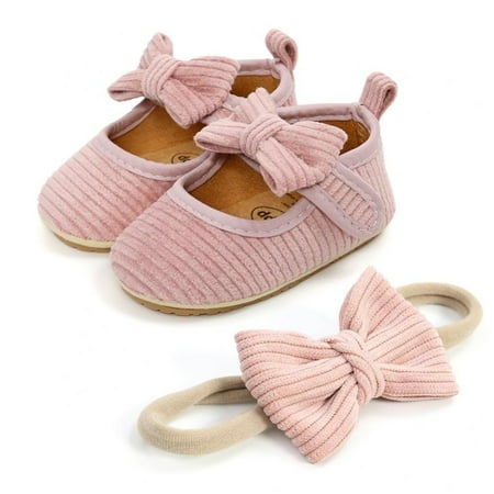 

Baby Girls Mary Jane Flats with Headband Infant Non-Slip Soft Sole Cute Bowknot Corduroy Shoes Newborn Princess Wedding Shoes Toddler First Walkers 0-18M