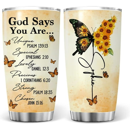 

God Says You Are Butterfly Sunflower Gifts For Her Him 20oz Stainless Steel Insulated Travel Tumblers With Lid Personalized Motivational Positive Thinking Bible Verse Christian Mugs