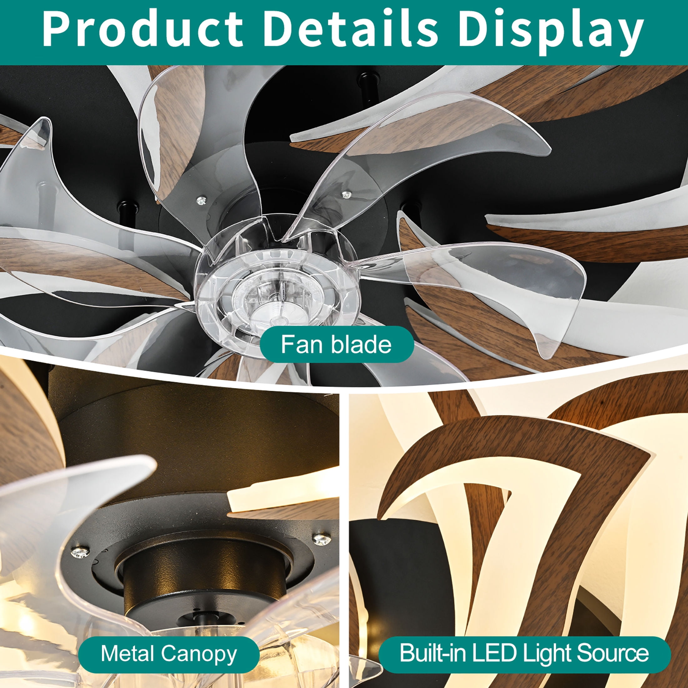 GDF Studio 10-Head Flower Modern Ceiling Fan with LED Lights & Remote Control, Low Profile Flush Mount Fandelier, Wood