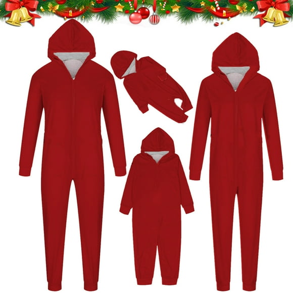 CFLVAEK Red Christmas Family Matching Pajamas Onesies Solid Color Xmas Sleepwear with Hood Casual Zip Up Parent Kids Holiday Loungewear 2024 for Daddy