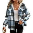 thumbnail image 2 of Women's Fashion Casual Loose-Fitting Long-Sleeved Plaid Print Hooded Jacket Baseball Jacket for Fall and Streetwear Style,Light Blue,XL, 2 of 7