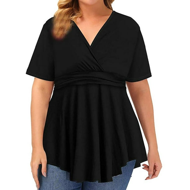 CHGBMOK Womens Tops 2023 Summer Plus Size Women Plus Size Tops Blouse Short  Sleeve V-neck Blouse Pleated Hem Shirt 