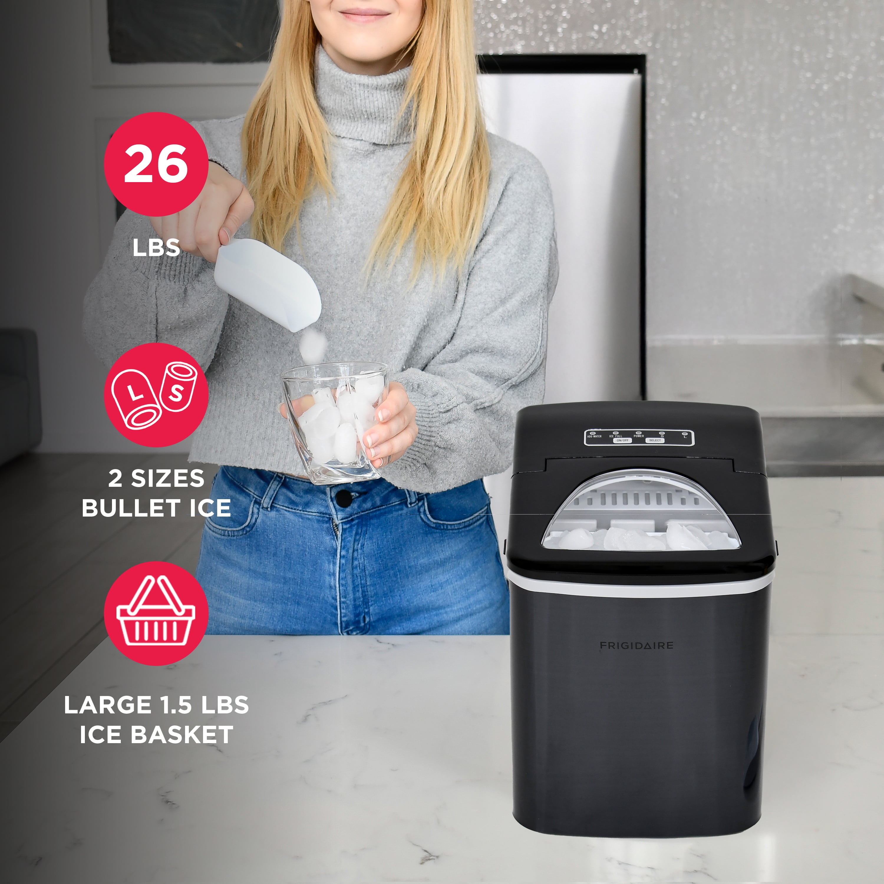 Frigidaire 26 lb. Bullet Ice Maker, Countertop Ice Machine with LED Control Panel, Black Stainless Steel