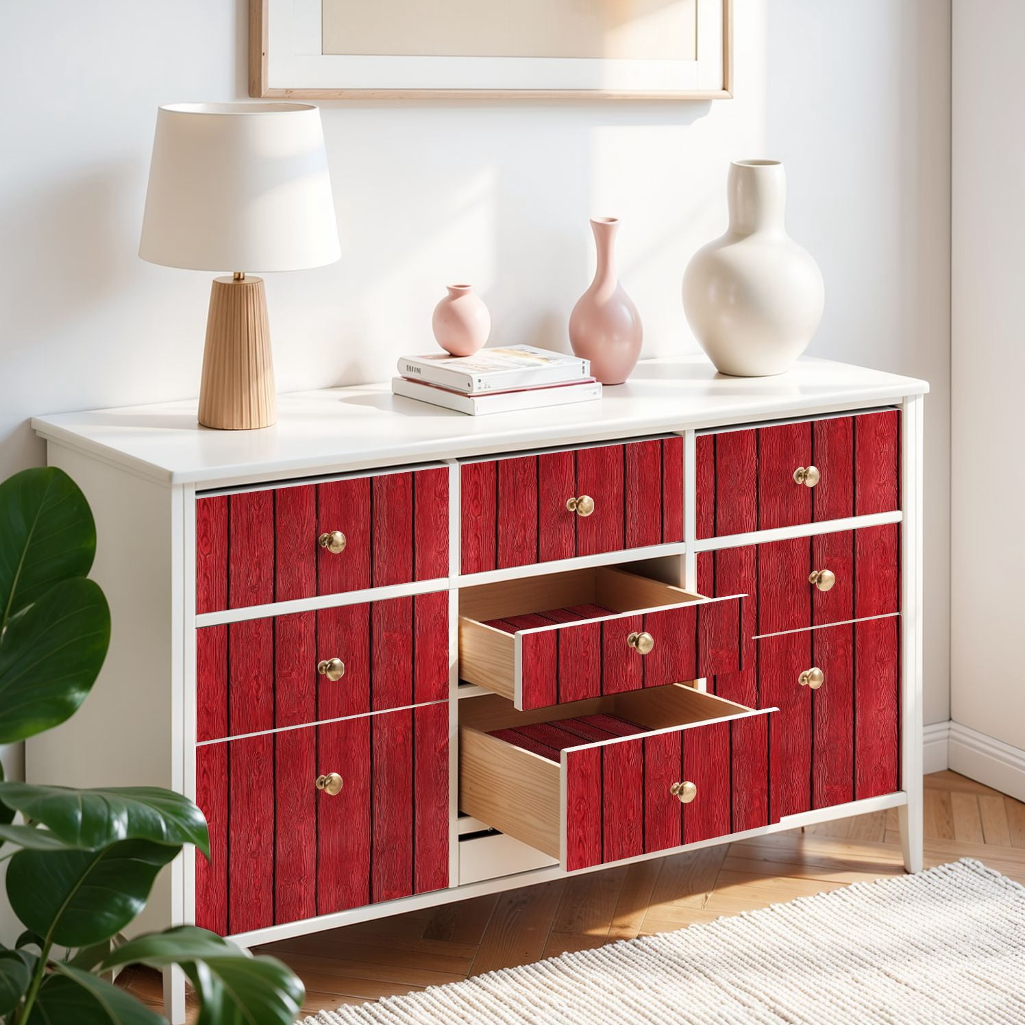 Peel and Stick Wallpaper Red Painted Wooden Planks Vertical Rustic Wood Texture 17.7in x 118in Contact Paper Removable Self Adhesive Wall Mural Wall Decor for Bedroom Kitchen Cabinets