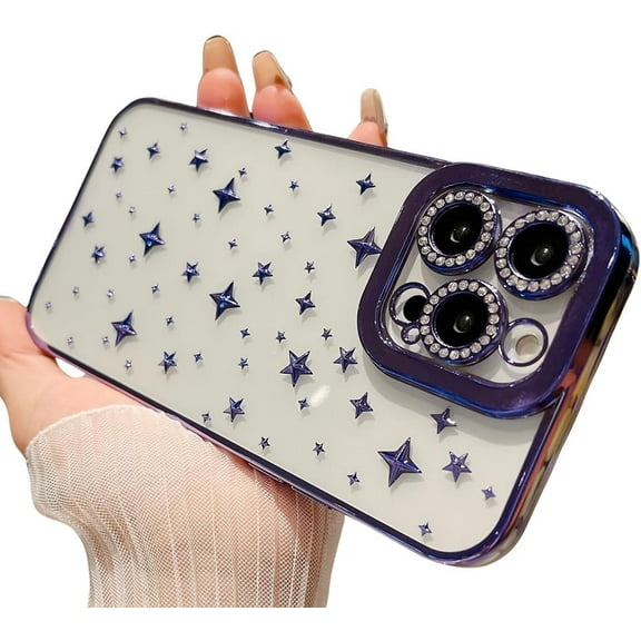 Compatible with iPhone Case,Star Electro Plated Bumper Diamond Camera Lens Protection [Compatible with Wireless Charging] Clear Soft Shockproof Cover Phone Case (Purple,iPhone 13 Pro Max)