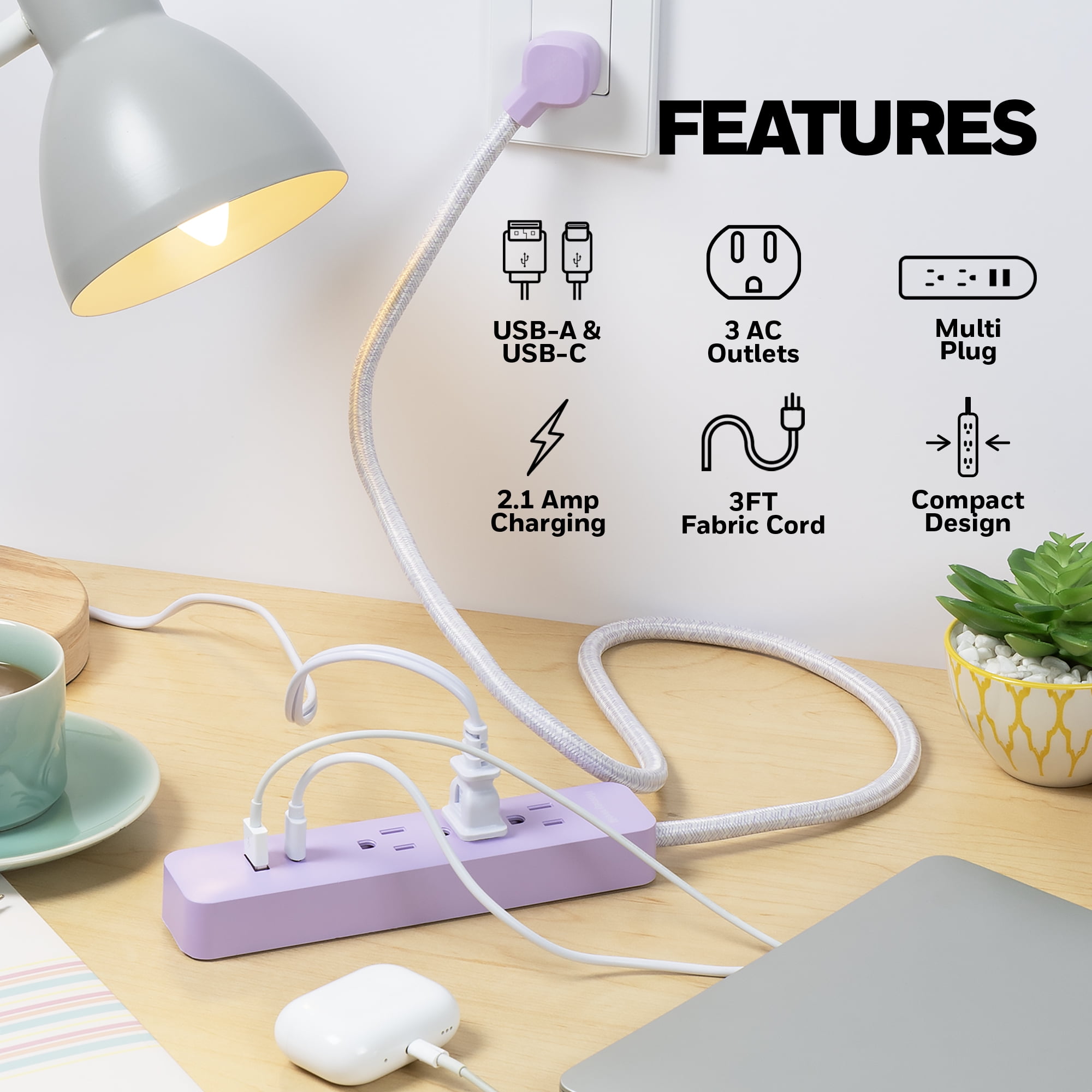 Honeywell 2-in-1 Pack Power Strips - 6 AC Outlets Surge + 3 AC 2 USB Strip (1 USB-A + 1 USB-C 2.1A) - Pink