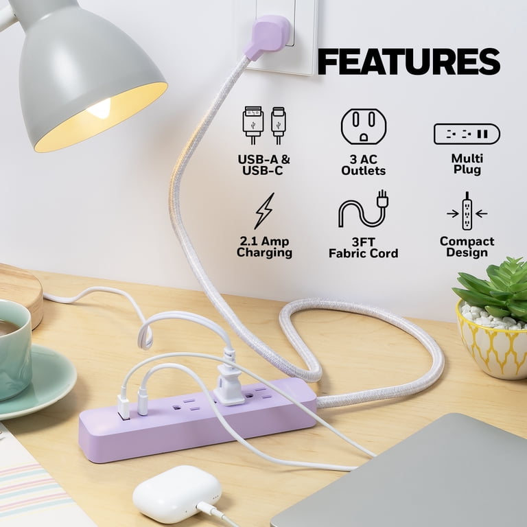 2-in-1 Power Strip and Surge Protector with USB Ports, Pink photo 3
