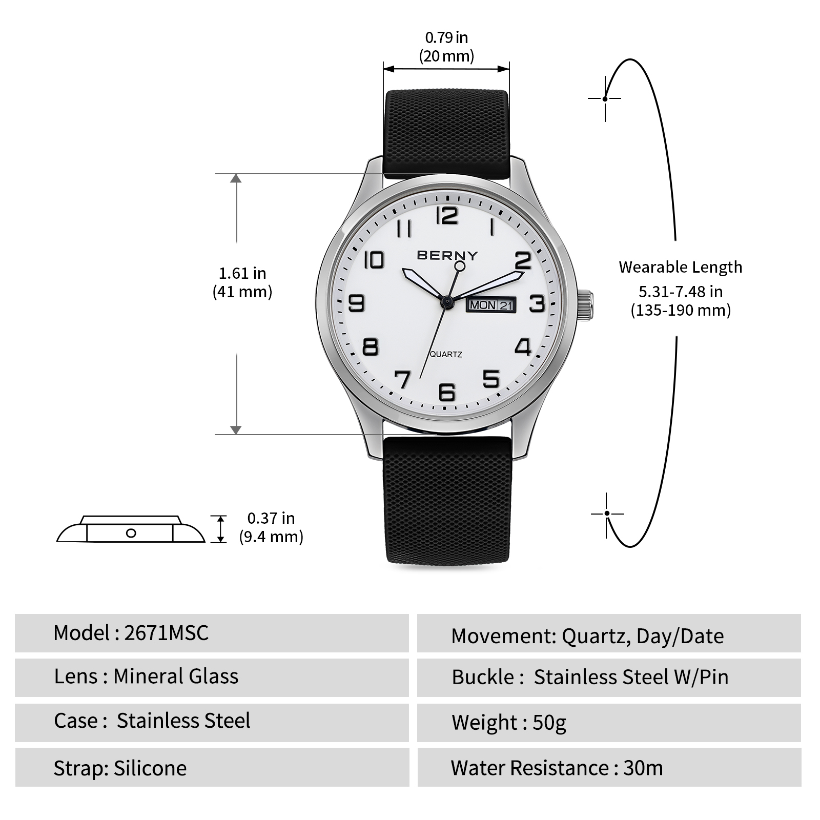 BERNY Modern Quartz Watch for Men Casual Easy Read Wristwatch with Arabic Numeral Watch Dial, Silicone Strap and Day & Date Calendar-White Dial