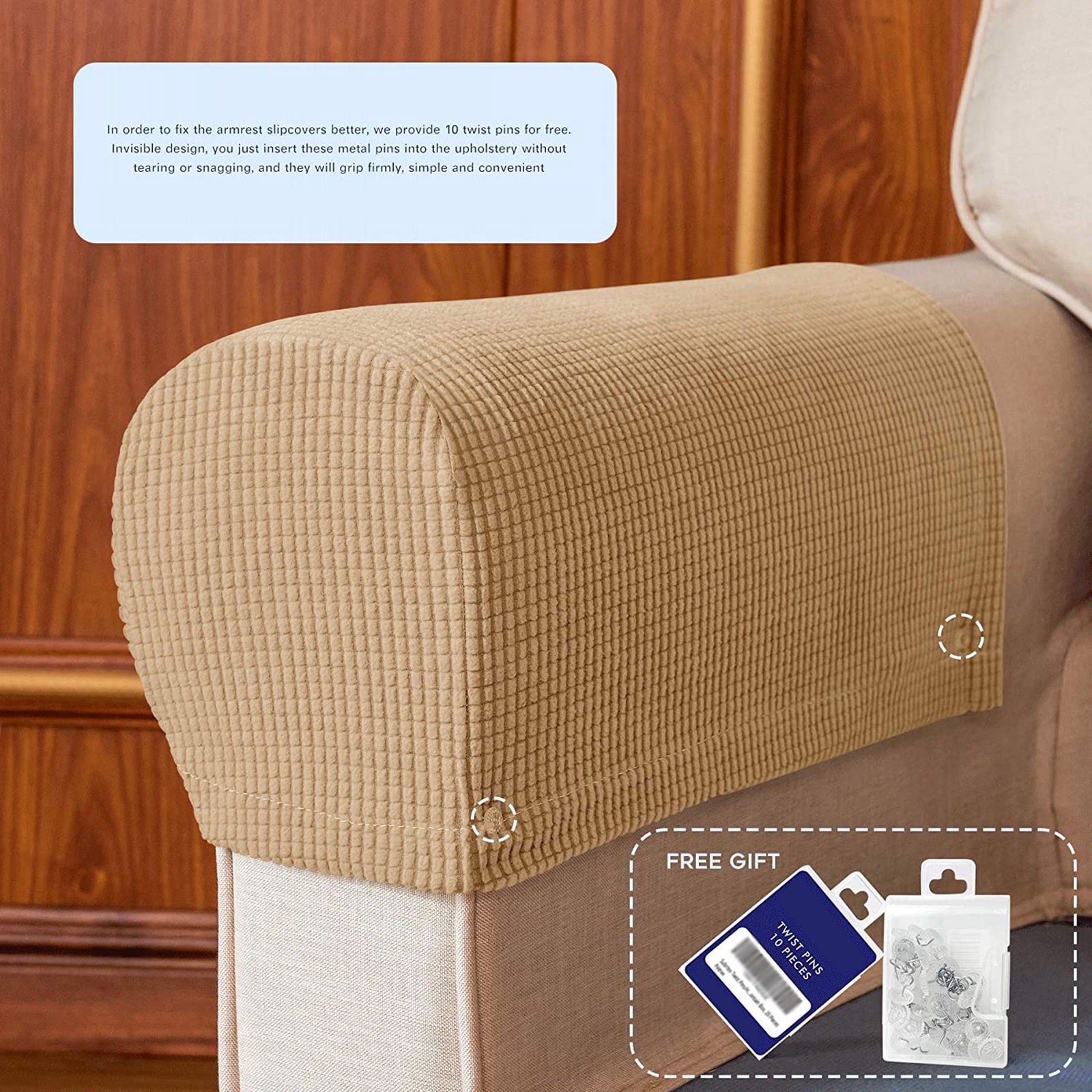 Stretch Armrest Covers, Anti-Slip Couch Arm Cover Spandex Armchair Slipcover for Recliner Sofa Washable Sofa Arm Protector with Twist Needle-Khaki-2 pcs