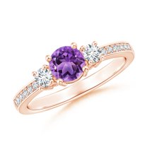ANGARA Natural Classic Three Stone Amethyst and Diamond Ring in 14K Rose Gold for Women (Size-5mm) | February Birthstone, Birthday, Anniversary, Jewelry Gift for Women | Natural Amethyst Ring