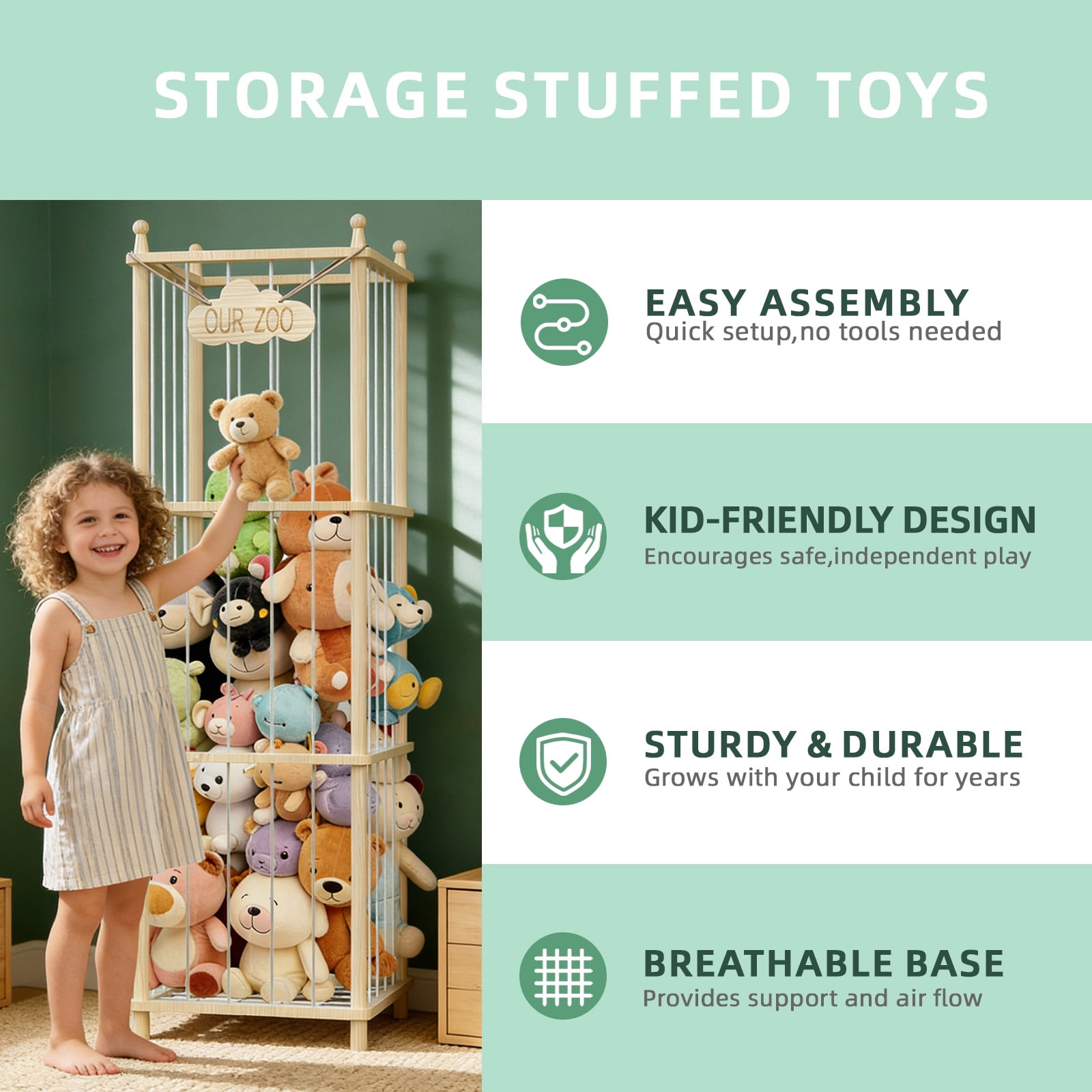 Bel Ark Stuffed Animal Storage Natural Pine Wood Toy Organizer, Space Saving Plushie Playhouse for Nursery, Playroom, Kids Bedroom