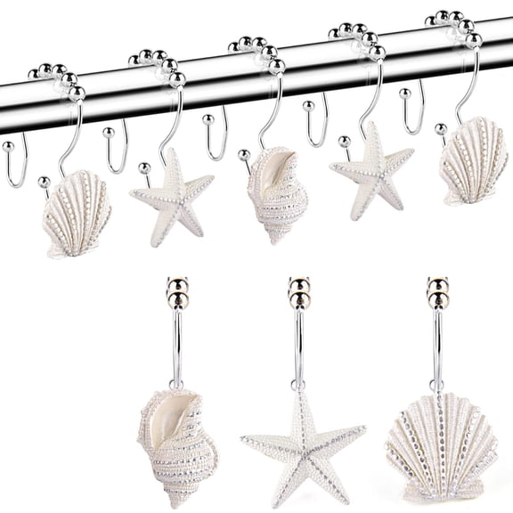 12 Pcs Decorative Shower Curtain Hooks,Seashell Double Glide Shower Curtain Hooks for Bathroom and Living Room (White Seashell)