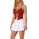 thumbnail image 4 of Camiseta metálica sin espalda para mujer Inspire Chic, con tirantes asimétricos y halter, top brillante, color rojo, 4 of 6