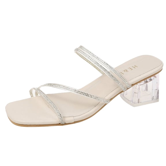 VerPetridure Sandals for Women Casual Summer Women's Fashion Casual Strappy Rhinestone Square Heels Slide Slippers Shoes