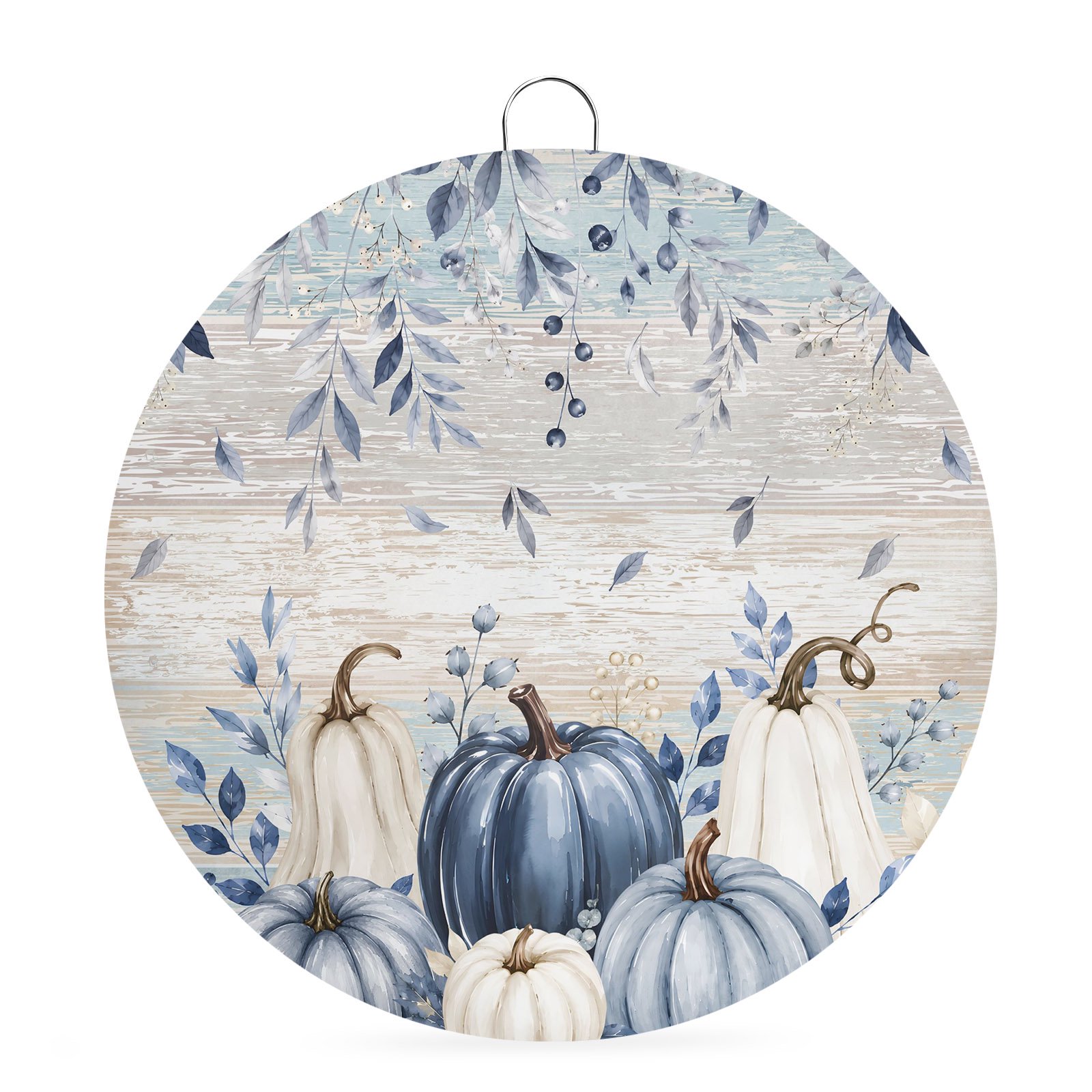 Welcome Sign Front Door Decorations Blue Pumpkins Fall Round Wall Art Outdoor Metal Wreaths Vintage Thanksgiving Autumn Leaf Botanical Seasonal Hanging Sign for Home Porch Decor Warming Gift 6 In
