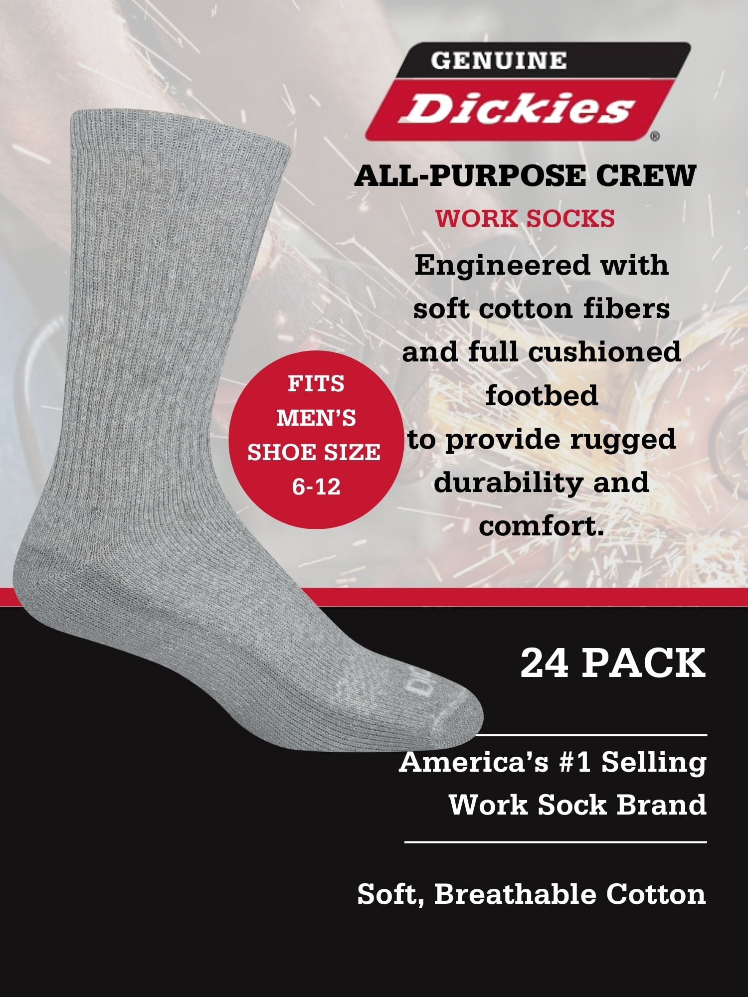 Dickies Men's Value Work Crew Socks, 24 Pack- Lt Grey Size 6-12