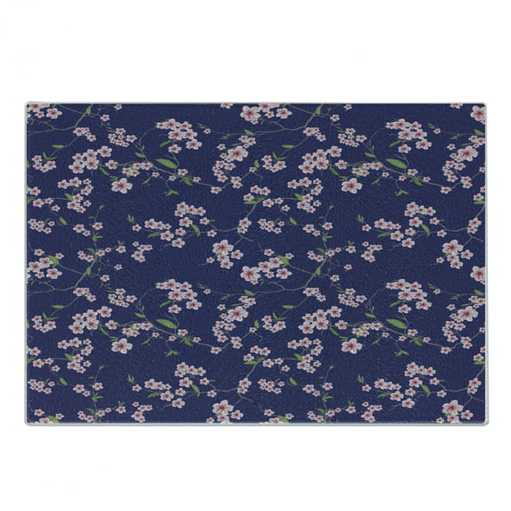 Japanese Cutting Board, Blooming Sakura Cherry Branches Chinese Oriental Kimono Pattern, Decorative Tempered Glass Cutting and Serving Board, Small Size, Purple Rose Fern Green, by Ambesonne