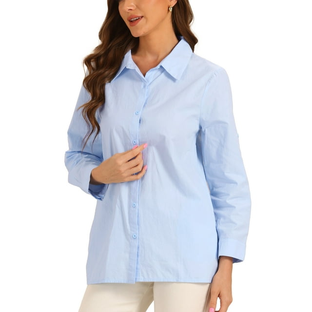 Camisa de oficina de cuello para mujer INSPIRE CHIC de manga larga con botones de algodón M Azul claro