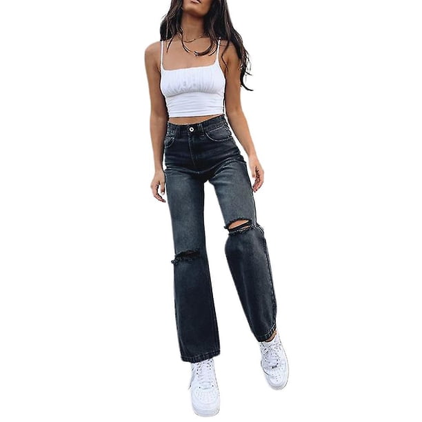 2XL Pantalones vaqueros deshilachados de pierna ancha para mujer, pantalones vaqueros elásticos de cintura alta