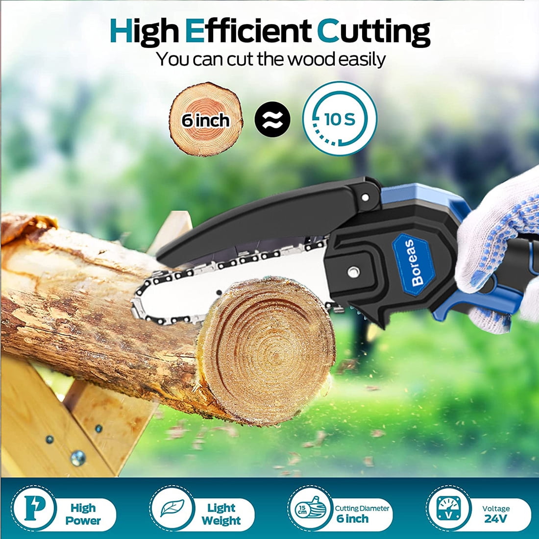 Boreas Mini Chainsaw Cordless, 6 inch Mini Chain Saw Cordless Battery Powered,Handheld Chain Saw Portable Electric Chainsaw with 2 Rechargeable for Tree Trimming Branch Wood Cutting