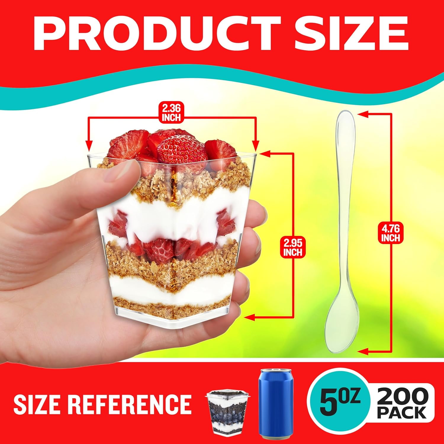 5oz Plastic Dessert Cups with Lids and Spoons - Appetizer Cups for Pudding, Parfait, Ice Cream, and Cocktails, Clear Reusable Serving Cups, Elegant Design, Pack of 200