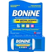 Bonine Motion Sickness Raspberry Chewable Tablets, Travel Pack, 12 Count, Pack of 2
