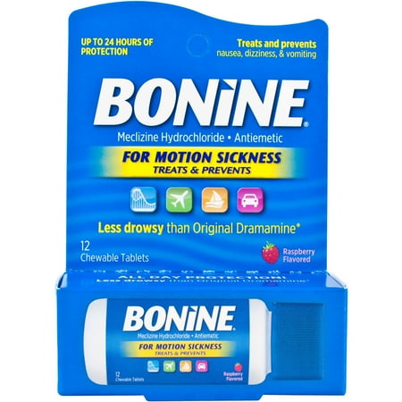 Bonine Motion Sickness Raspberry Chewable Tablets, Travel Pack, 12 Count, Pack of 2
