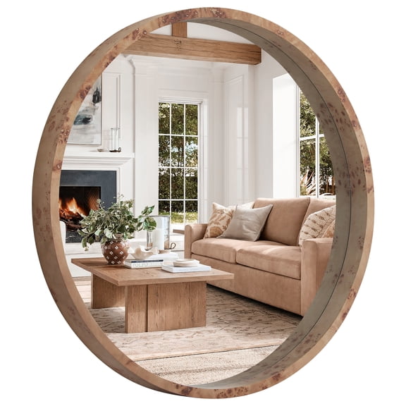 WallBeyond 28 in. Round Burlwood Wall Mirror with Natural Wide Wood Frame for Bathroom Vanity