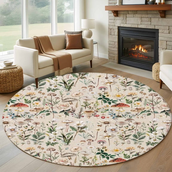 7ft Round Rug, Pastoral Botanical Non-Skid Rubber Backing Large Area Rugs - Living Room Bedroom Home Office, Vintage Mushroom Spring Summer Flowers Indoor Floor Mat Carpets Washable Rug