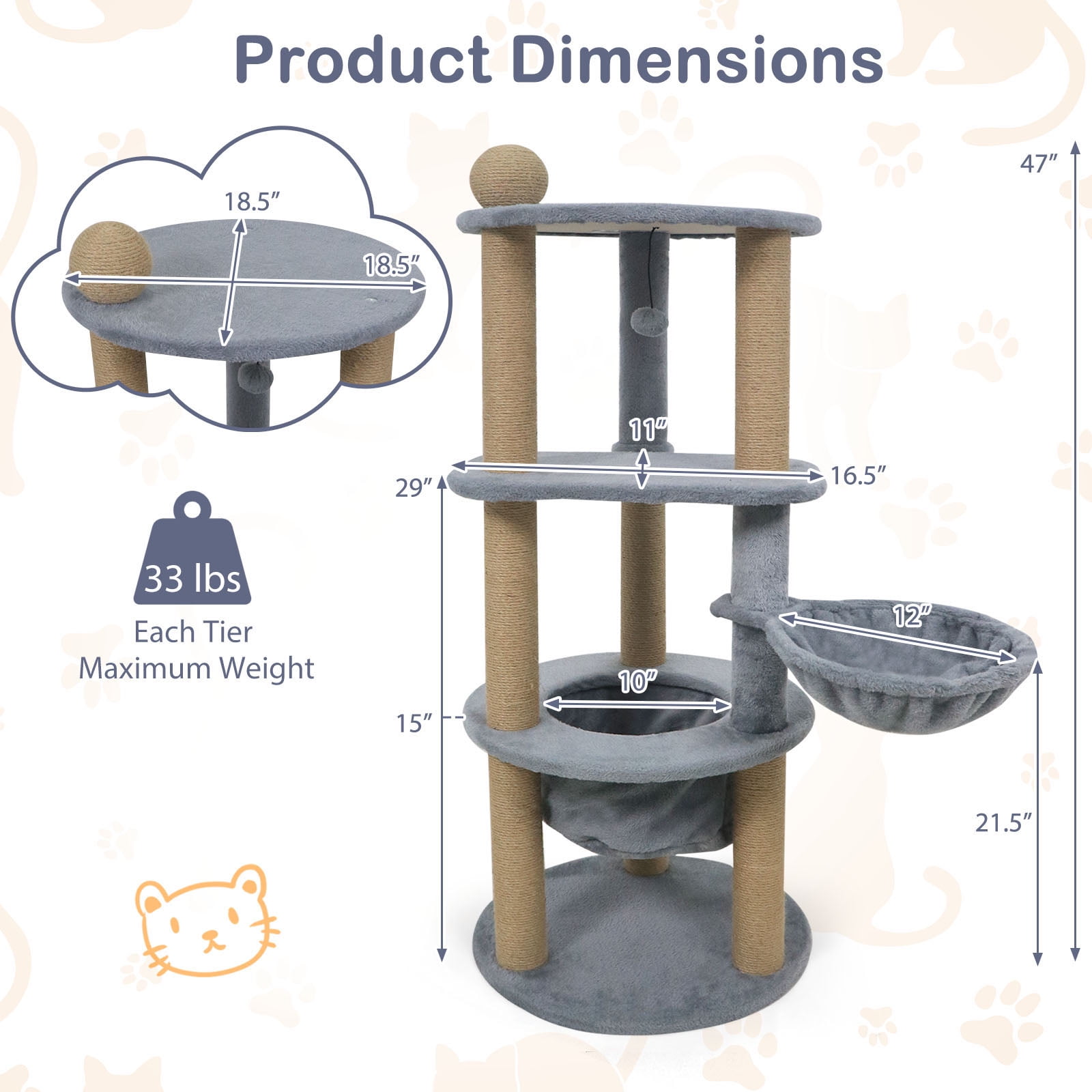 Gymax 48'' Tall Cat Towel w/Cat Nest Scratching Posts Ball Top Perch Hanging Ball