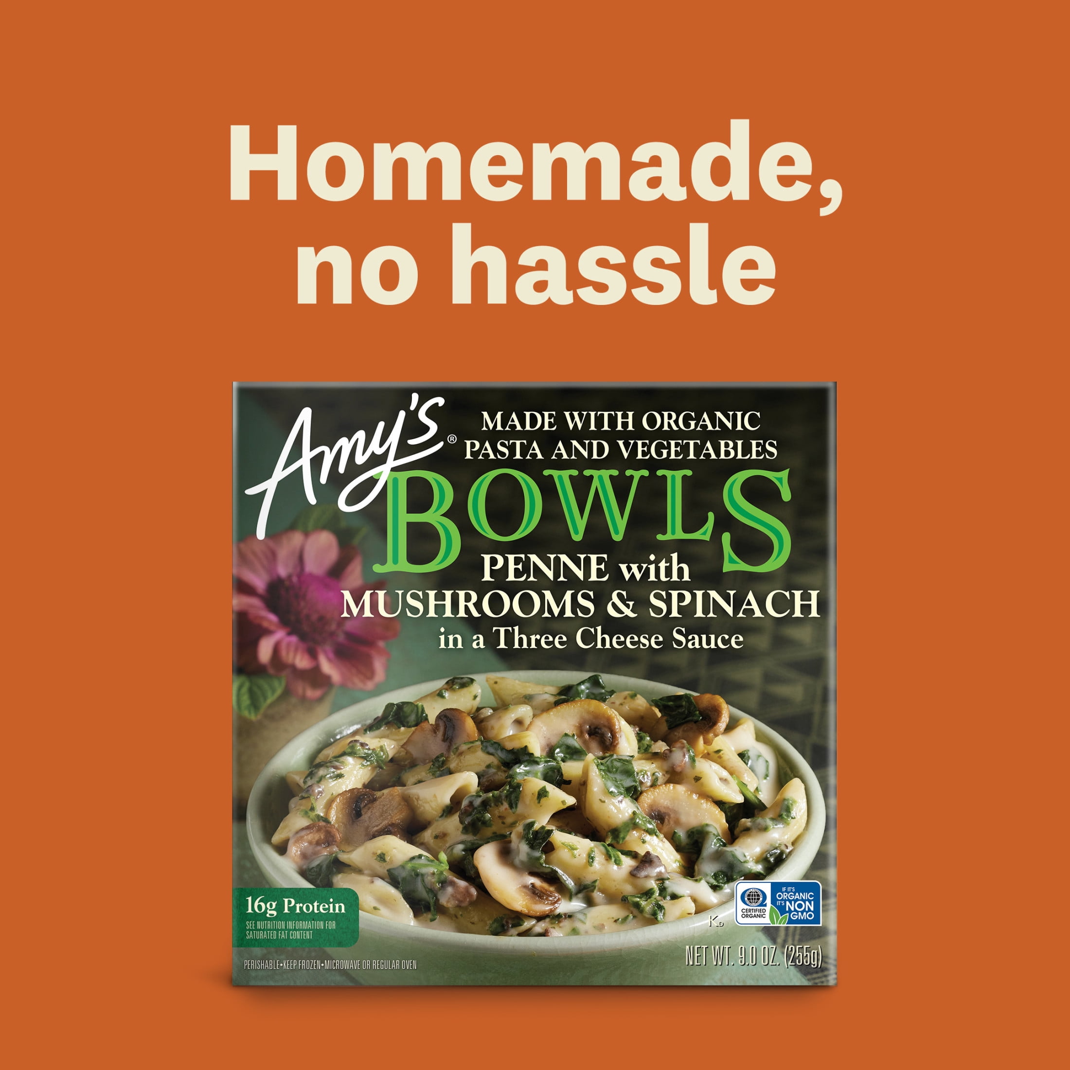 Amy's Frozen Meals, Mushroom Spinach Penne Bowl, Microwave Meals, 9 oz